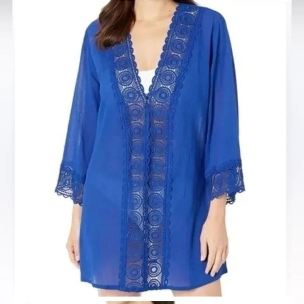 *La Blanca* Sz S Cotton Embroidered Crochet Trim Swim Coverup Loungewear EUC